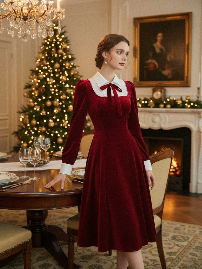 [Prévente] Robe rouge en velours en col chemise et nœud années 40