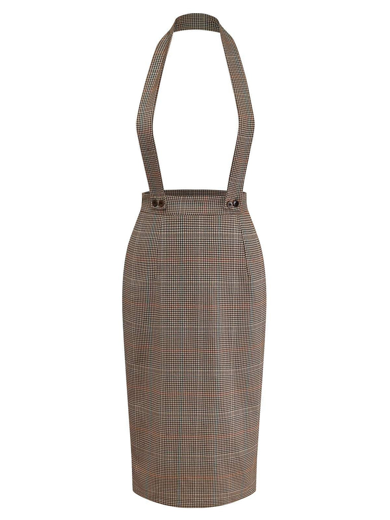 [Prévente] Jupe crayon à bretelles pied-de-poule marron années 60