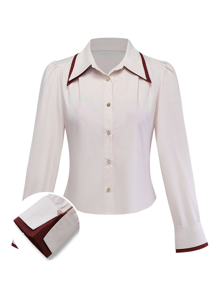 [Prévente] Chemisier beige manches fendues et revers contrastés années 60