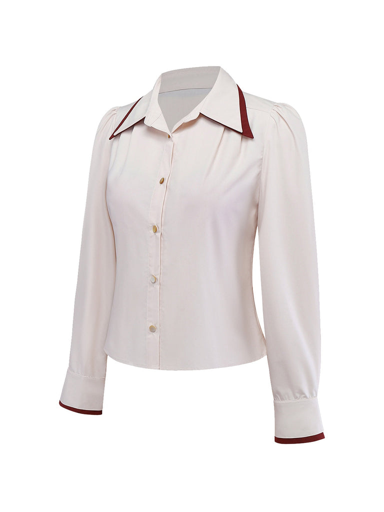 [Prévente] Chemisier beige manches fendues et revers contrastés années 60