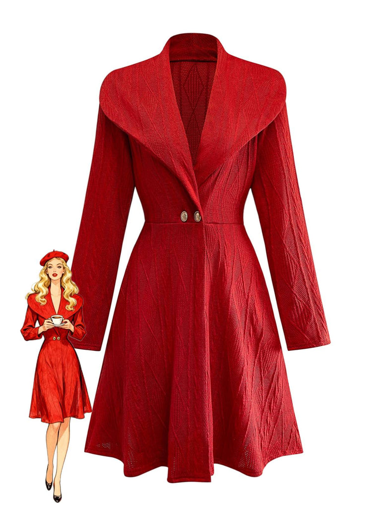 Robe boutonnée à gros col en V en maille unie des années 1940