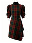 [Pré-vente] Robe à carreaux manches bouffantes col montant rouge foncé années 1970
