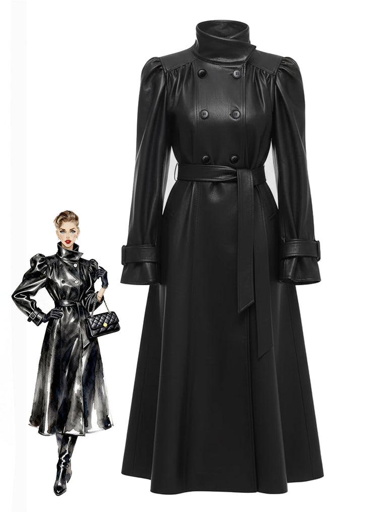 [Pré-vente] Trench-coat en cuir PU noir col montant des années 1970