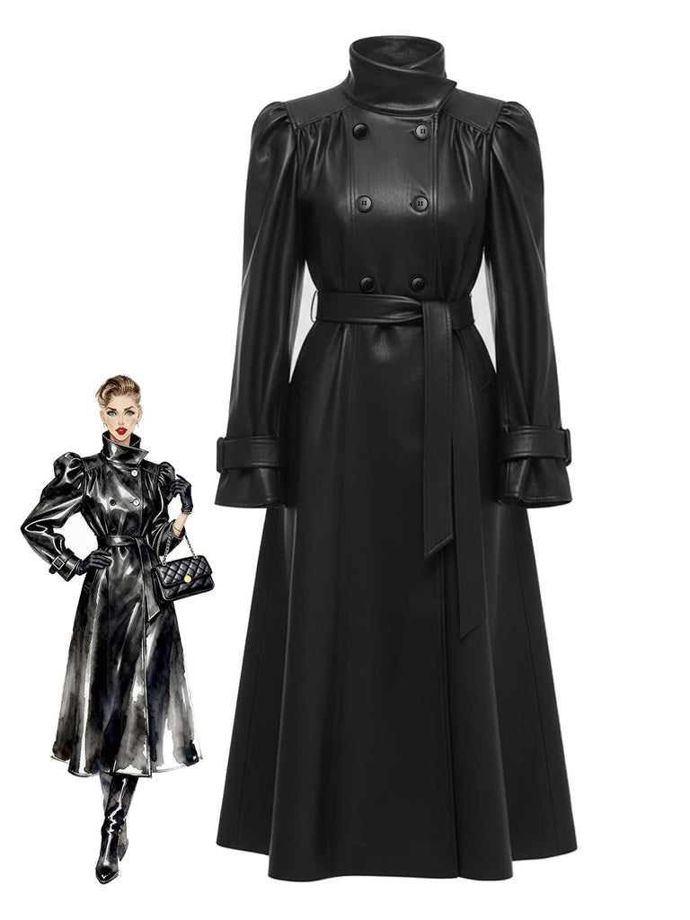 [Pré-vente] Trench-coat en cuir PU noir col montant des années 1970