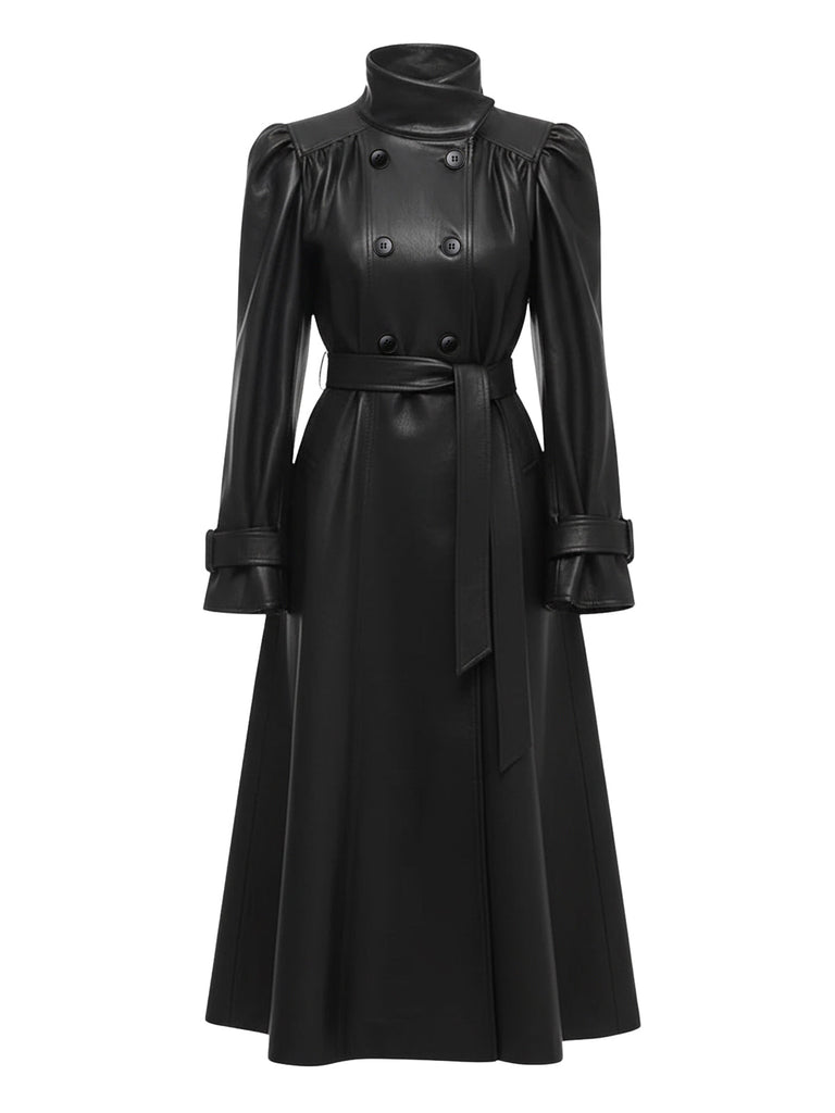 [Pré-vente] Trench-coat en cuir PU noir col montant des années 1970
