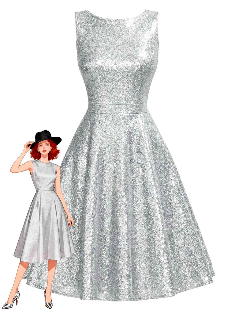 [Pré-vente] Robe trapèze argentée uni à paillettes sans manches des années 1950