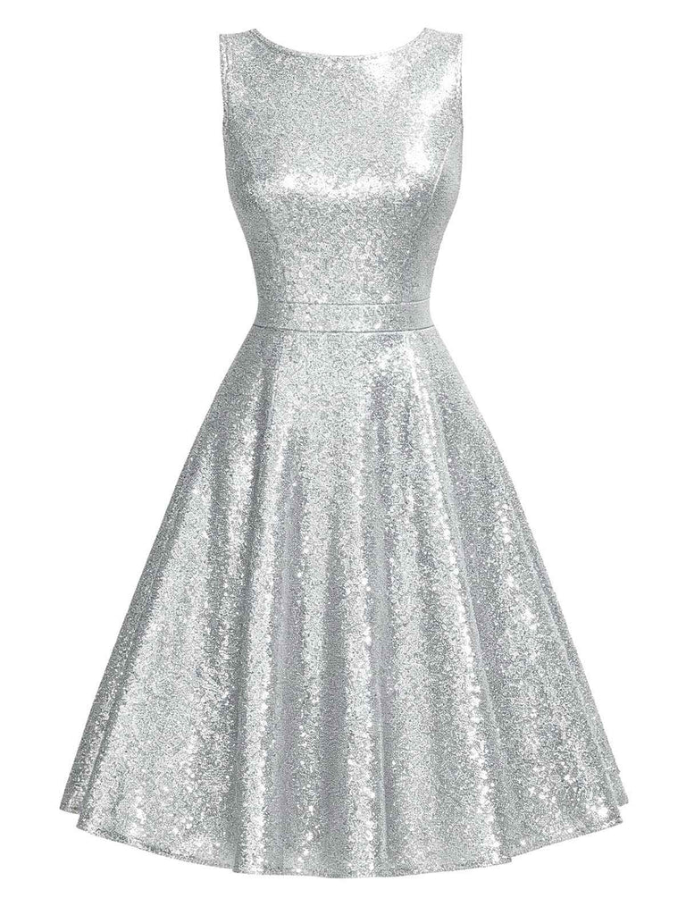 [Pré-vente] Robe trapèze argentée uni à paillettes sans manches des années 1950