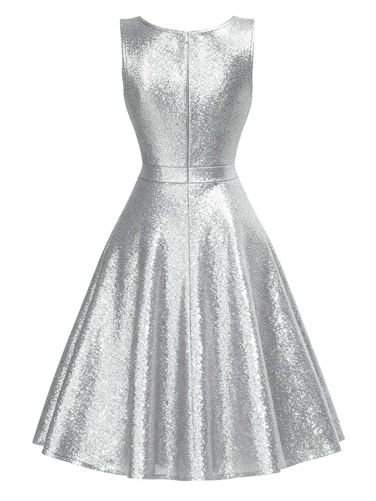 [Pré-vente] Robe trapèze argentée uni à paillettes sans manches des années 1950