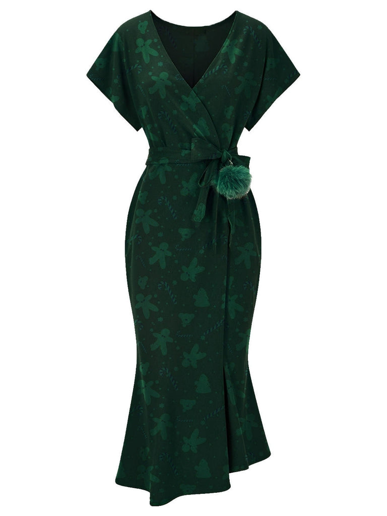 [Pré-vente] Robe sirène verte à pompons Bonhomme en pain d'épice des années 1930