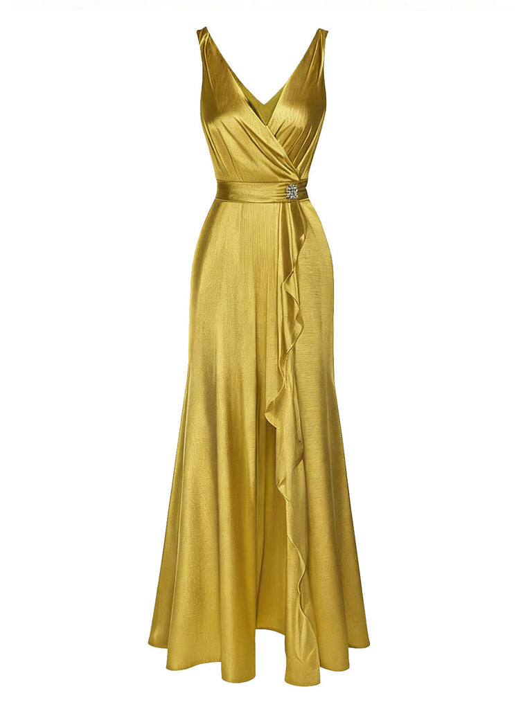 [Pré-vente] Robe fendue à volants en satin doré avec taille perlée des années 1970