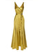[Pré-vente] Robe fendue à volants en satin doré avec taille perlée des années 1970