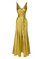 [Pré-vente] Robe fendue à volants en satin doré avec taille perlée des années 1970