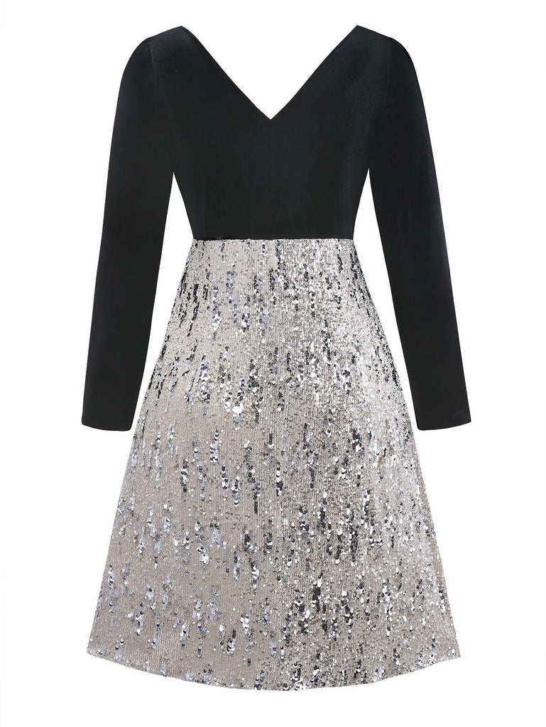 [Prévente] [Grande taille] Robe à paillettes en velours col en V noire des années 50