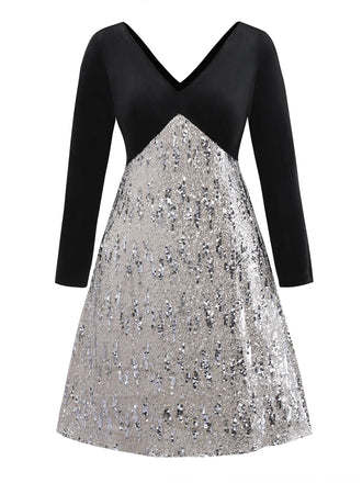 [Prévente] [Grande taille] Robe à paillettes en velours col en V noire des années 50