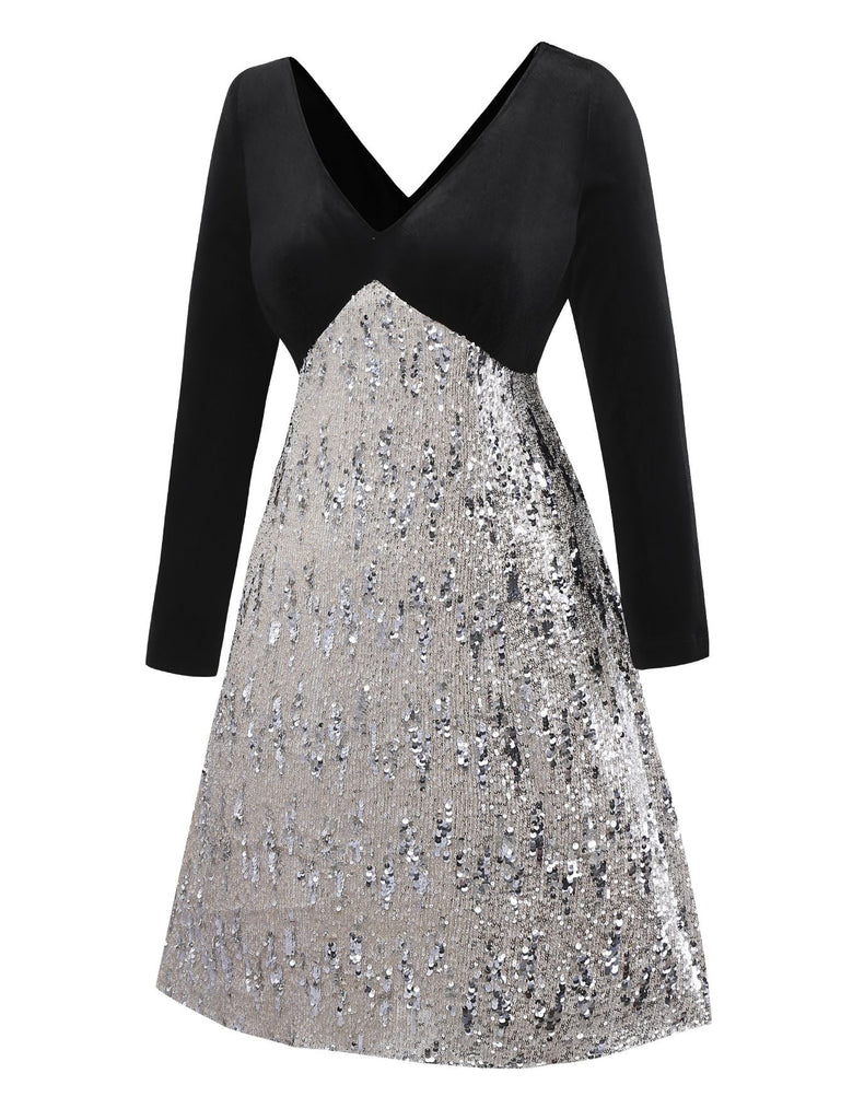 [Prévente] [Grande taille] Robe à paillettes en velours col en V noire des années 50