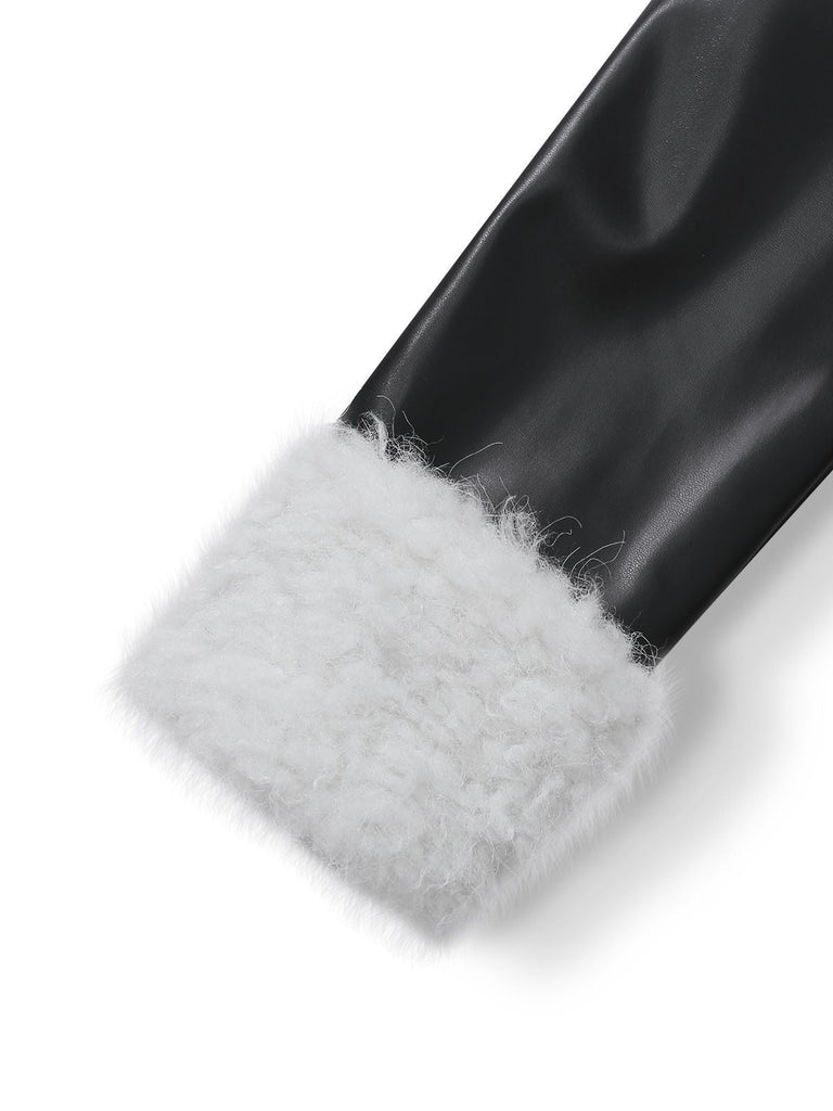 [Prévente] Manteau noir en similicuir bordure en fourrure des années 1940