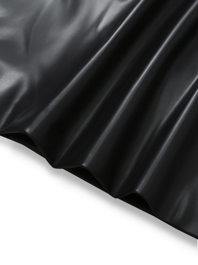 [Prévente] Manteau noir en similicuir bordure en fourrure des années 1940