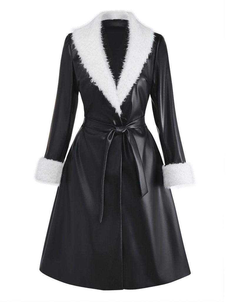 [Prévente] Manteau noir en similicuir bordure en fourrure des années 1940