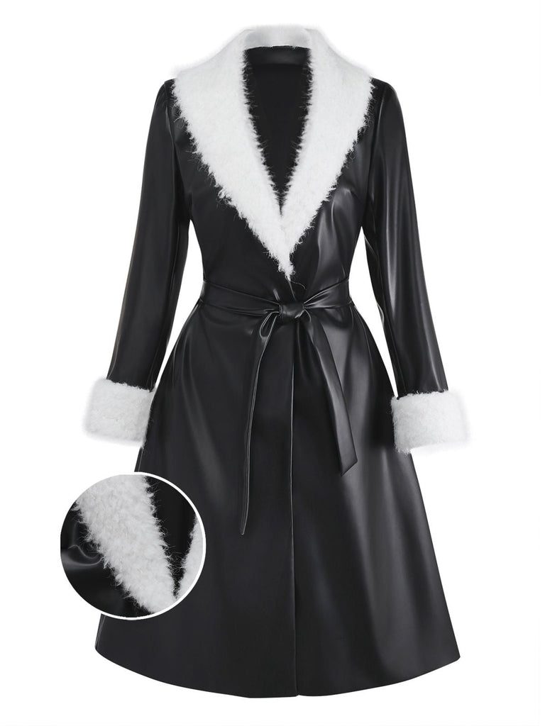 [Prévente] Manteau noir en similicuir bordure en fourrure des années 1940