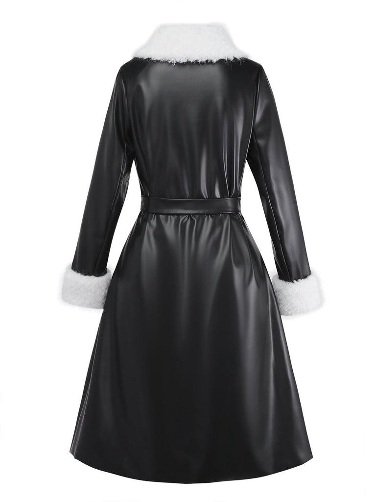 [Prévente] Manteau noir en similicuir bordure en fourrure des années 1940