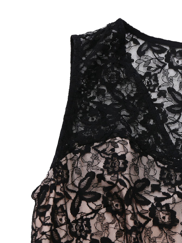 [Prévente] Combinaison noire en dentelle et maille avec ceinture de perles années 50