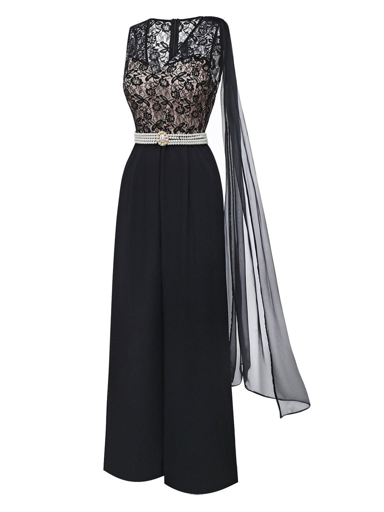 [Prévente] Combinaison noire en dentelle et maille avec ceinture de perles années 50