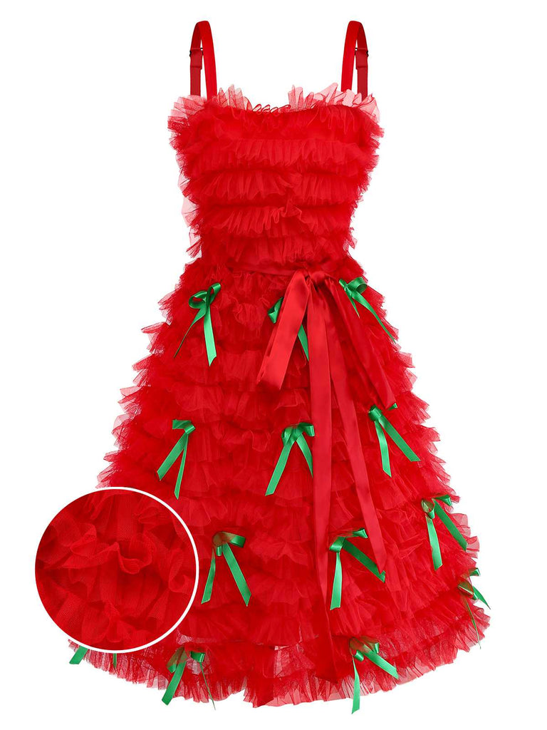 [Prévente] Robe de Noël rouge à volants en tulle et nœud et ruban années 80