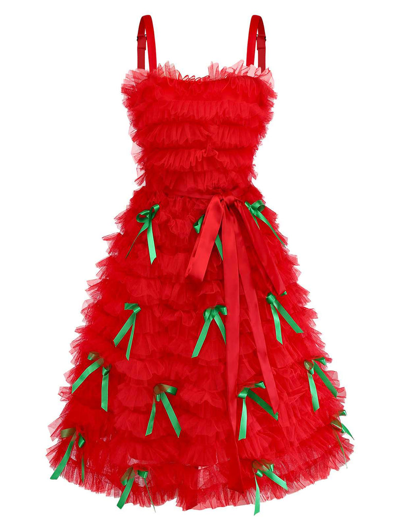 [Prévente] Robe de Noël rouge à volants en tulle et nœud et ruban années 80