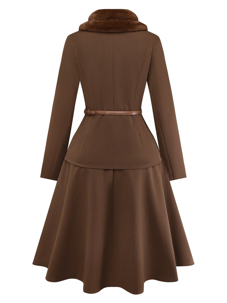 [Prévente] 2PCS veste marron à double col en fausse fourrure et jupe trapèze années 40