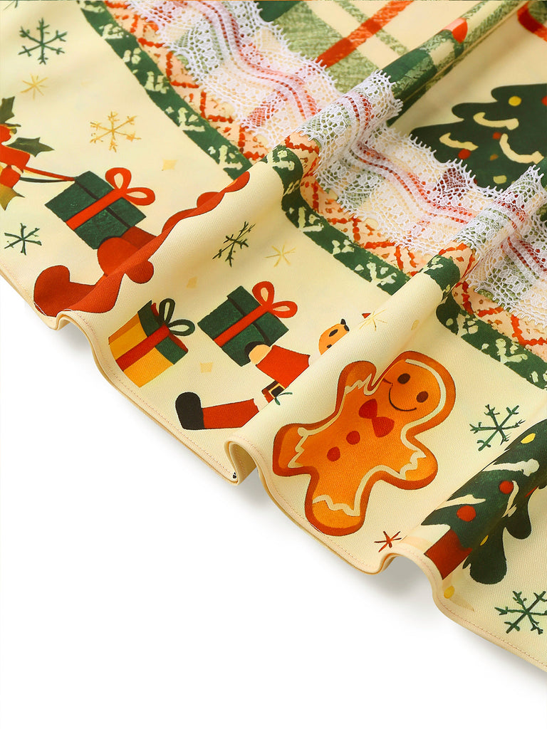 [Pré-vente] Robe patchwork multicolore en dentelle et tartan de Noël des années 1950