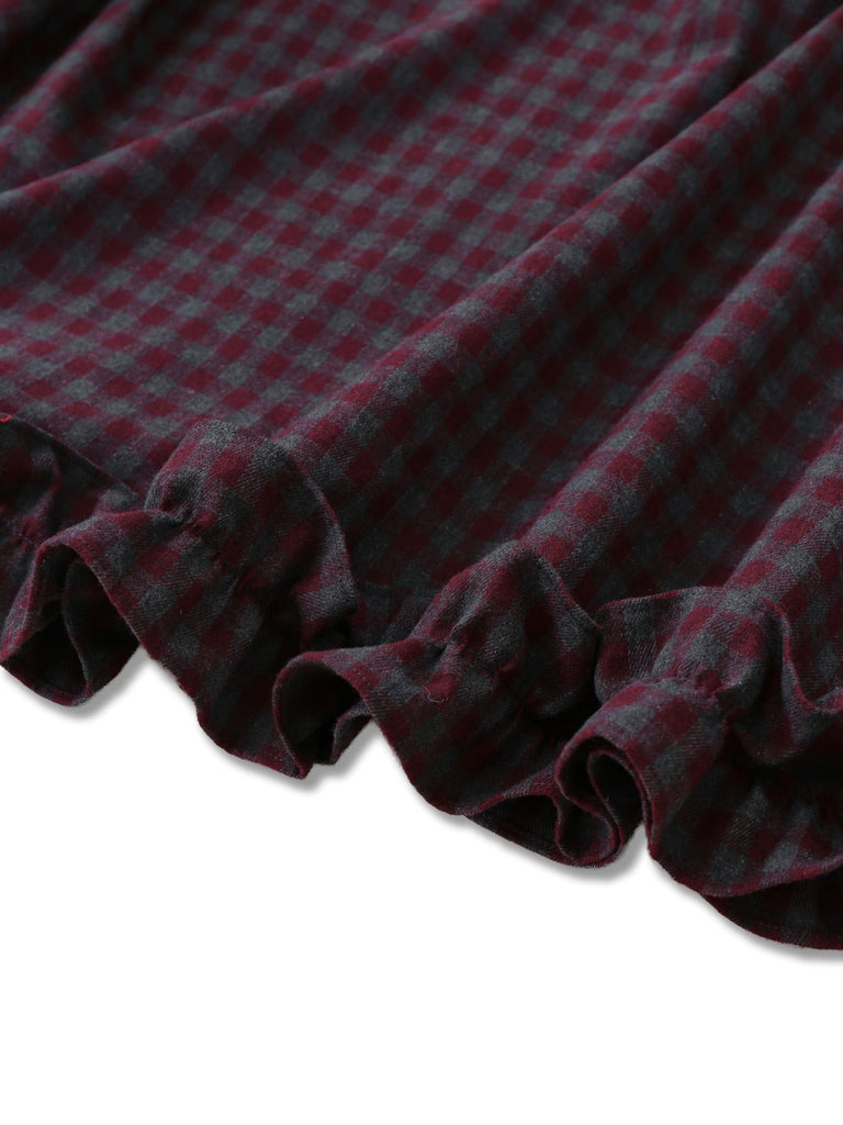 [Prévente] Robe grise à carreaux en coton col revers à volants des années 1940