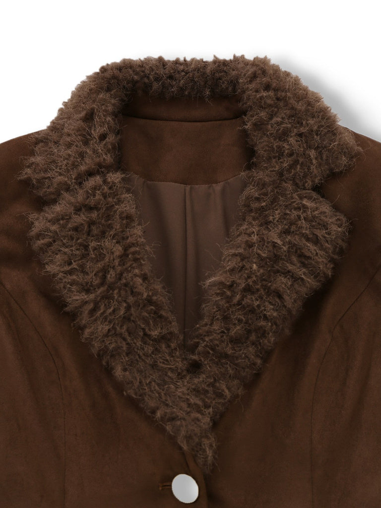 [Prévente] Veste à revers en fausse fourrure et daim marron foncé années 1960