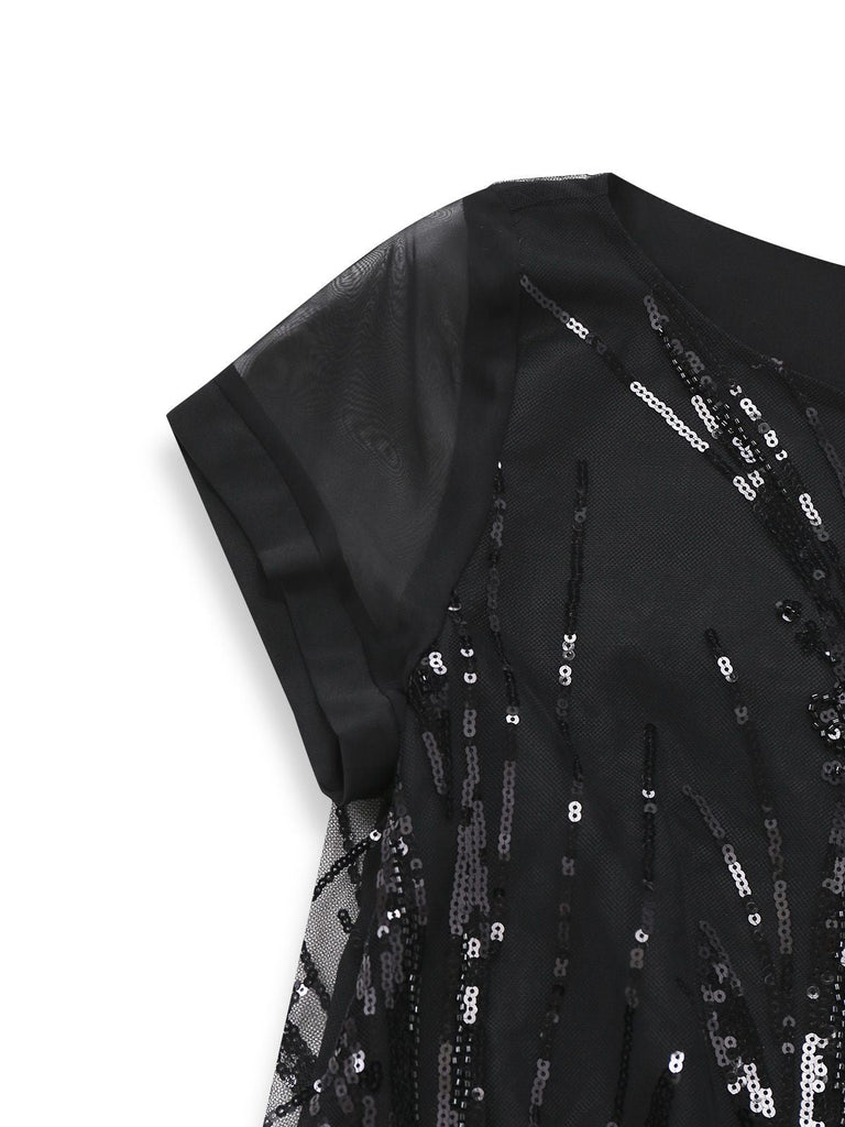 [Prévente] Robe noire à sequins et perles ourlet asymétrique années 1920