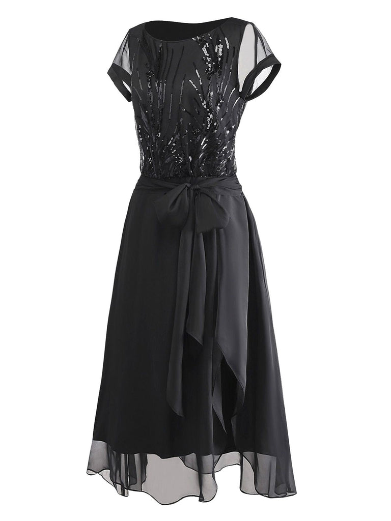 [Prévente] Robe noire à sequins et perles ourlet asymétrique années 1920
