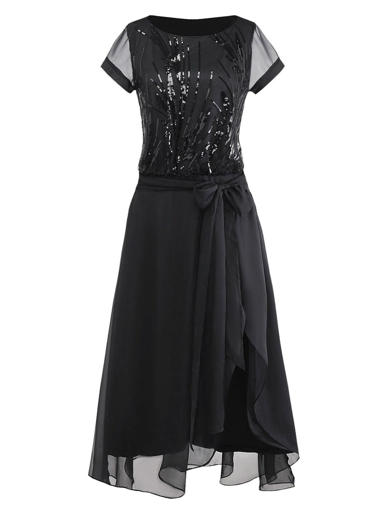 [Prévente] Robe noire à sequins et perles ourlet asymétrique années 1920