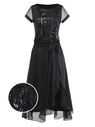 [Prévente] Robe noire à sequins et perles ourlet asymétrique années 1920