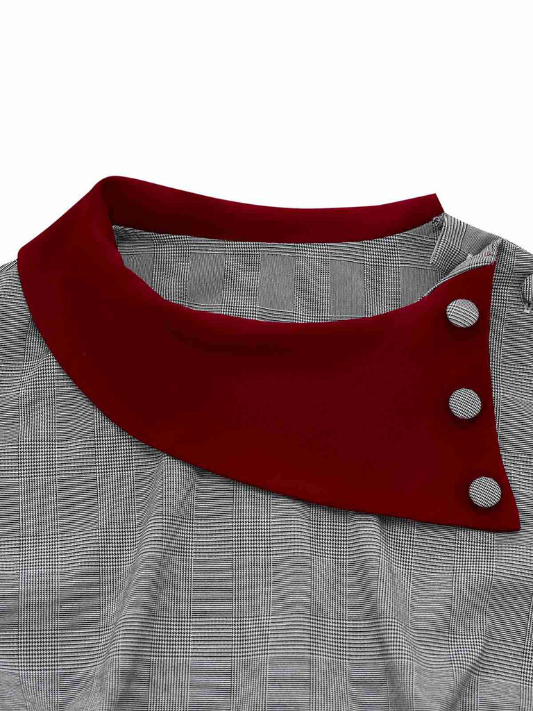 [Prévente] [Grande Taille] Robe grise à carreaux Prince de Galles col asymétrique style années 60