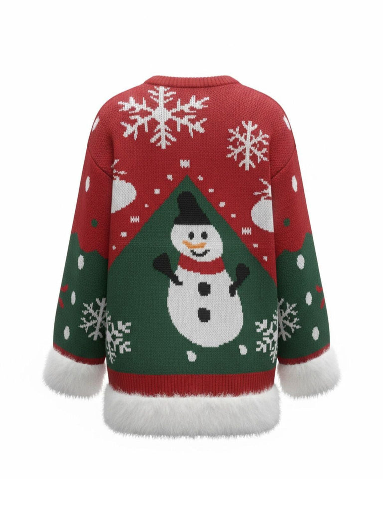 Pull-over à ourlet brut avec motif bonhomme de neige de Noël des années 1950