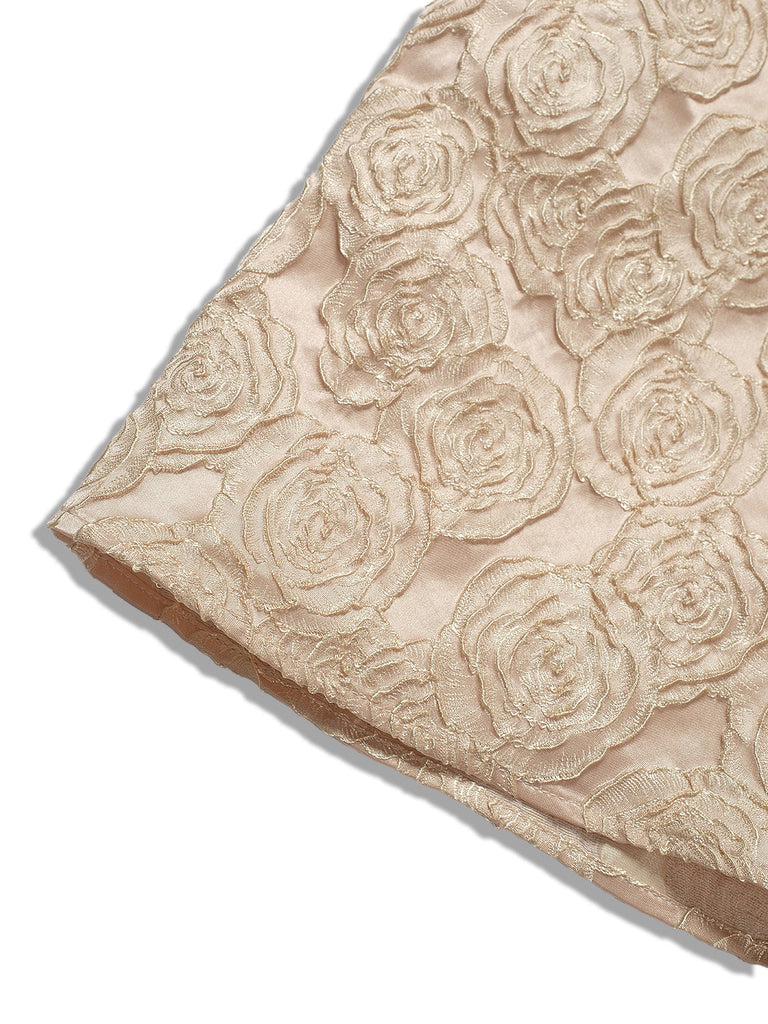 Robe champagne rose jacquard à col en V et nœud années 1930