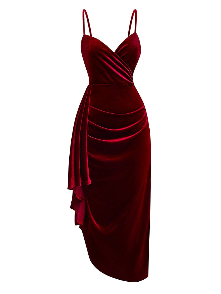 Robe en velours rouge bordeaux à ourlet volanté années 1930
