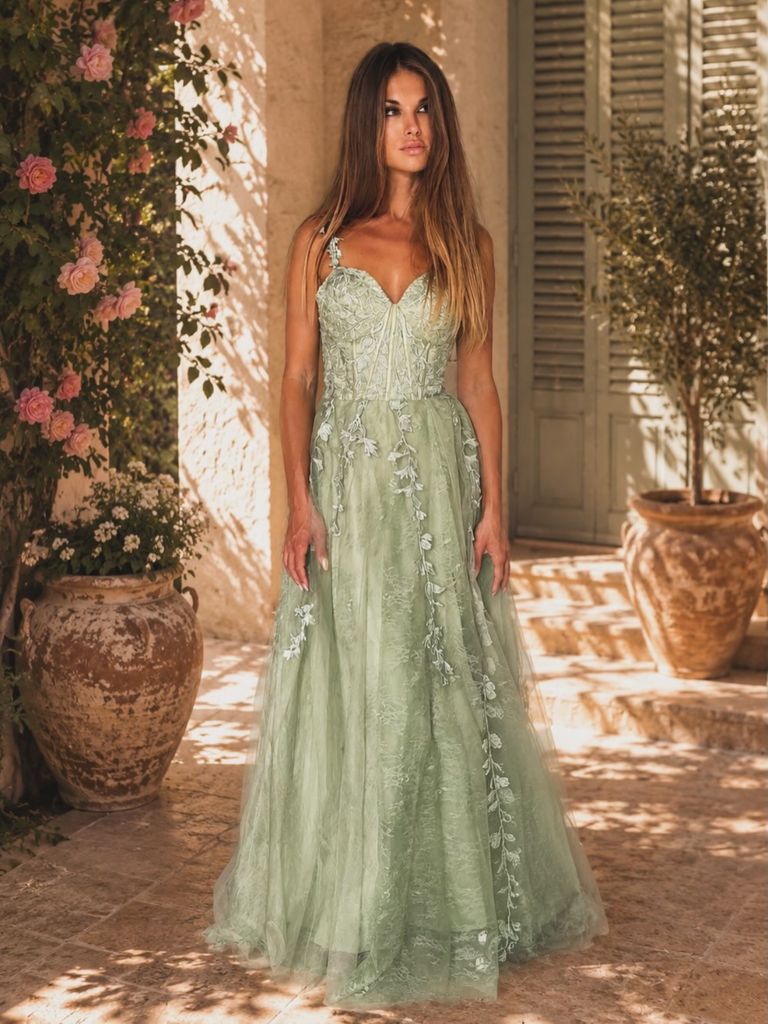 Robe longue verte tulle dentelle bretelles fines 1930s