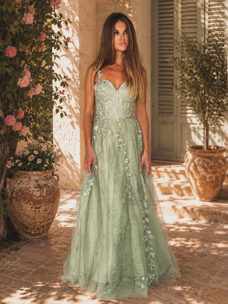 Robe longue verte tulle dentelle bretelles fines 1930s