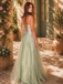 Robe longue verte tulle dentelle bretelles fines 1930s