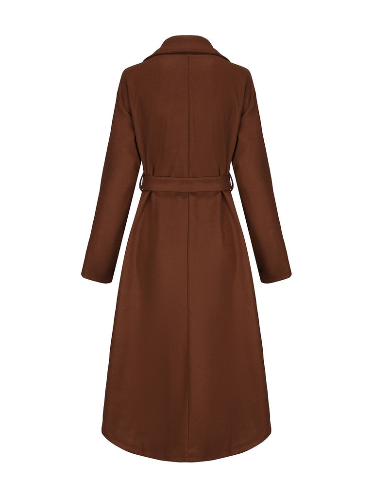 Manteau long marron en fausse laine col cranté des années 1930