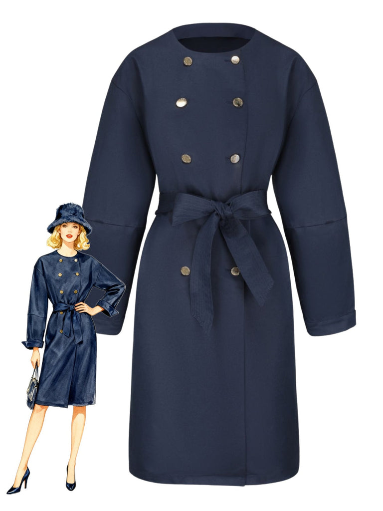 Trench-coat bleu à double boutonnage et col rond des années 1940