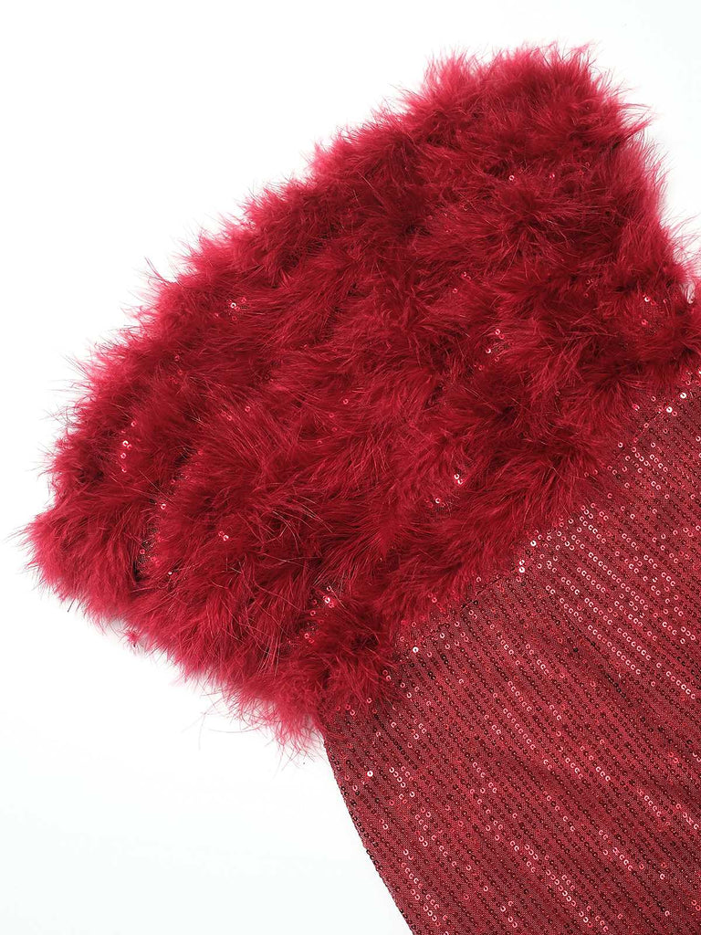 Combinaison bustier en patchwork de plumes et paillettes des années 1950