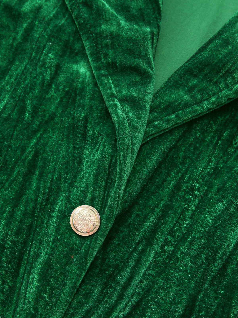 2PCS Blazer et pantalon large en flanelle plissée verte unie années 1980