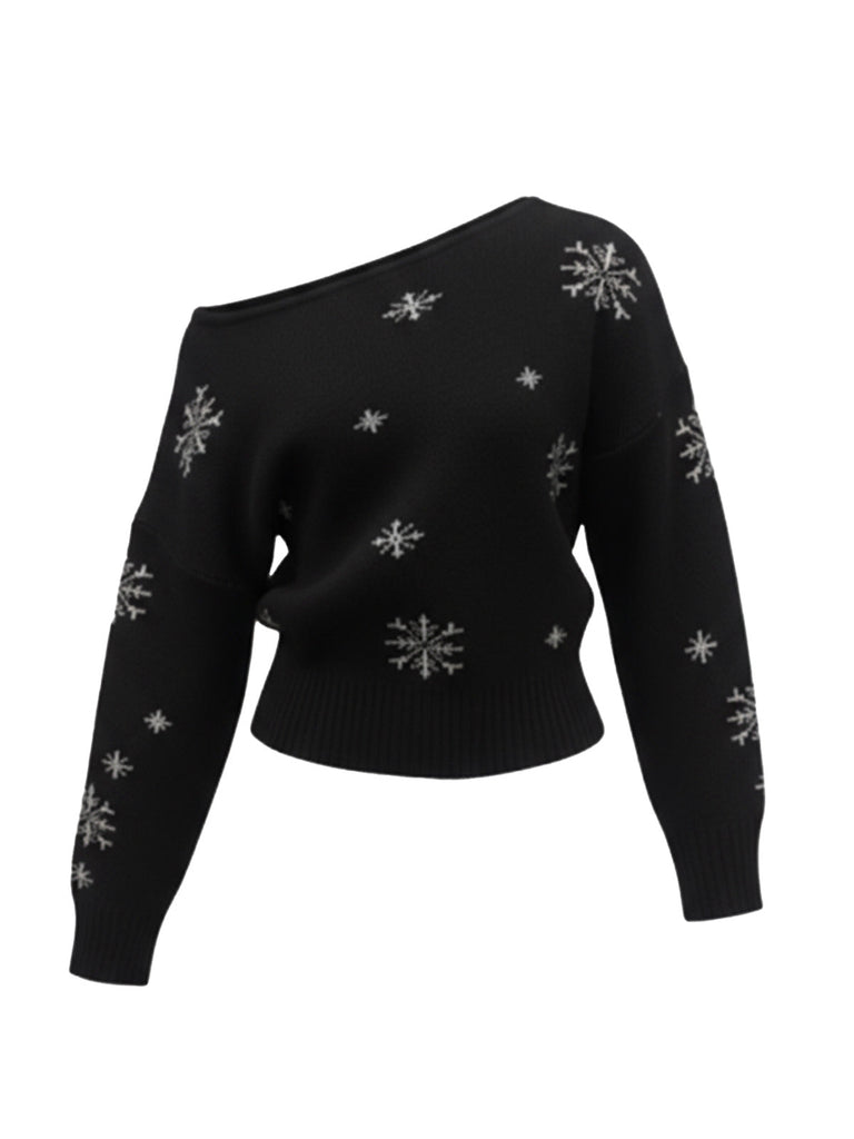 Pull à épaules obliques et motif flocon de neige de Noël des années 1970