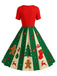 Robe trapèze rouge et verte motif flocon de neige des années 1950
