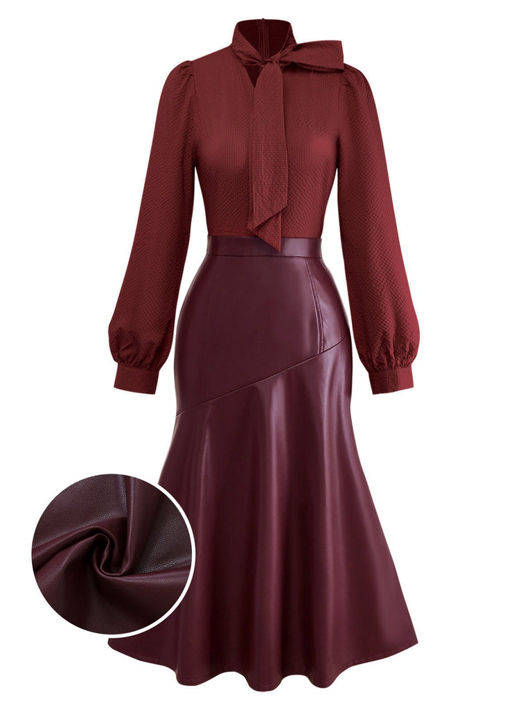 [Prévente] Robe rouge bordeaux col à nœud et patchwork en cuir années 1940